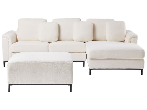 Hjørnesofa med fotskammel Hvit Bouclé 4-seter L-formet Venstrevendt Puter med avtakbart trekk Forkrommede ben Moderne og klassisk design Stue