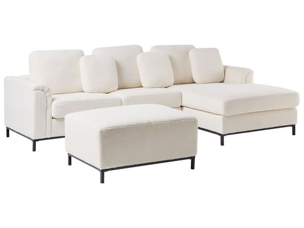 Hjørnesofa med fotskammel Hvit Bouclé 4-seter L-formet Venstrevendt Puter med avtakbart trekk Forkrommede ben Moderne og klassisk design Stue