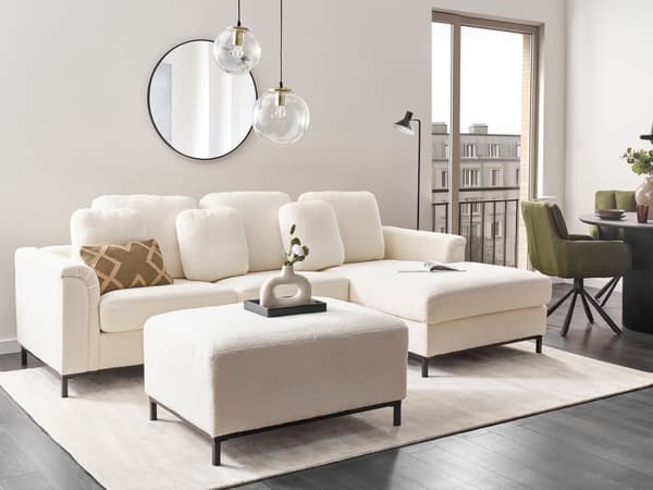 Hjørnesofa med fotskammel Hvit Bouclé 4-seter L-formet Venstrevendt Puter med avtakbart trekk Forkrommede ben Moderne og klassisk design Stue