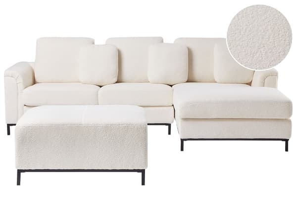 Hjørnesofa med fotskammel Hvit Bouclé 4-seter L-formet Venstrevendt Puter med avtakbart trekk Forkrommede ben Moderne og klassisk design Stue