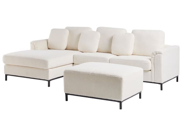 Hjørnesofa med fotskammel Hvit Bouclé 4-seter L-formet Høyrevendt Puter med avtakbart trekk Forkrommede ben Moderne og klassisk design Stue