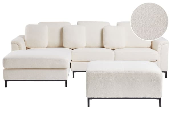 Hjørnesofa med Chaiselong Hvid Boucle 4 Personers Sofa L Formet Sofa med Fodskammel Dyb Blød Stofsofa Design Højrevendt