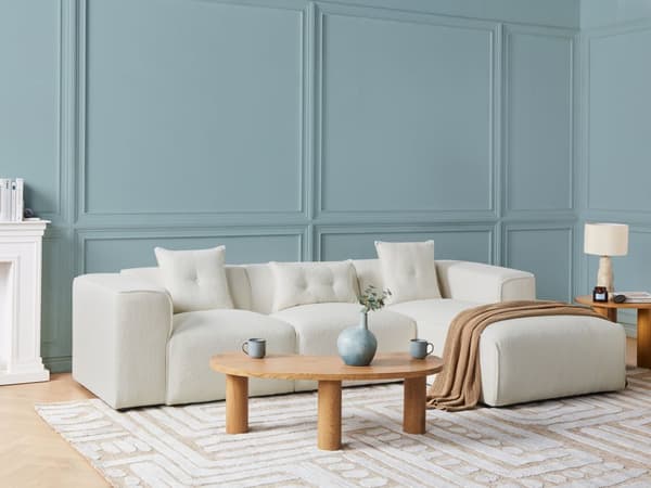 Hörnsoffa Off-White Bouclé 3-sits Vänster Extra Prydnadskuddar Modern Vardagsrum