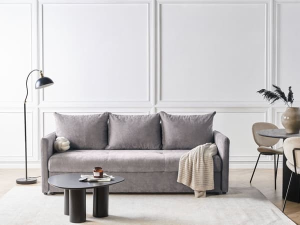Bäddsoffa Taupe Tyg 3-sits Klädsel Kuddar Modern