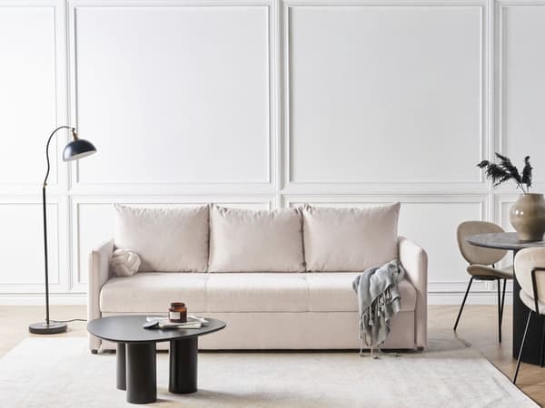Bäddsoffa Beige Tyg 3-sits Klädsel Kuddar Modern