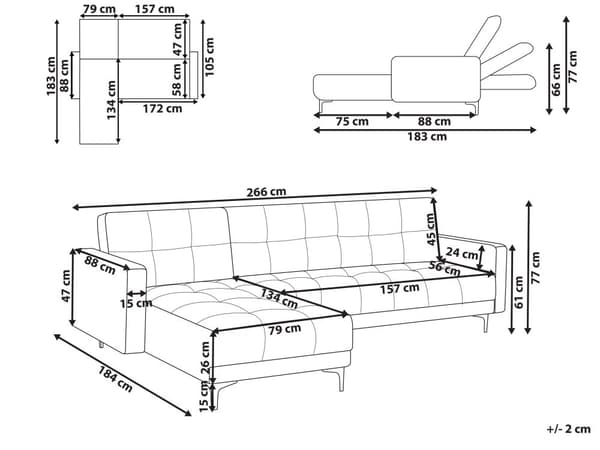 Høyre Hjørnesofa Grønn Polyester Stoff Polstring Liggende Ryggstøtte 3 Posisjoner Click-Clack