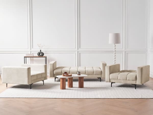 Stuesett Beige Polyester Stoff Polstring 3-seter 2 Lenestoler Liggende Ryggstøtte 3 Posisjoner Klikk-klakk
