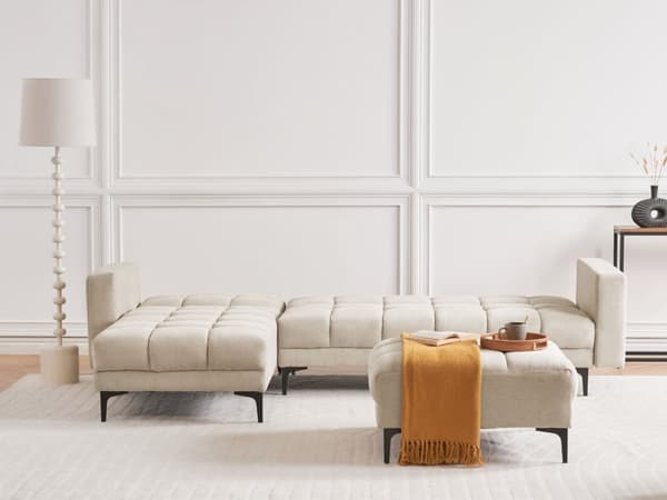 Hörnsoffa med Fotpall Höger Beige Polyestertyg 4-sits Lutande Fällbart Ryggstöd 3 positioner Modern Stil Vardagsrum Sovrum