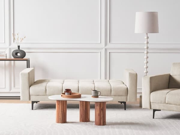 Soffa Beige Polyestertyg 3-sits Fällbart Ryggstöd 3 Lägen Modern Stil Tuftad Vardagsrum