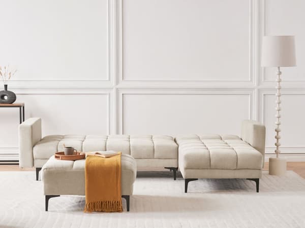 Hörnsoffa med Fotpall Vänster Beige Polyestertyg 4-sits Lutande Fällbart Ryggstöd 3 positioner Modern Stil Vardagsrum Sovrum