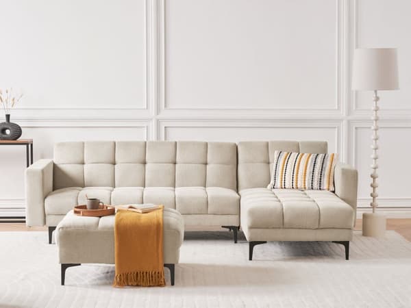 Hörnsoffa med Fotpall Vänster Beige Polyestertyg 4-sits Lutande Fällbart Ryggstöd 3 positioner Modern Stil Vardagsrum Sovrum