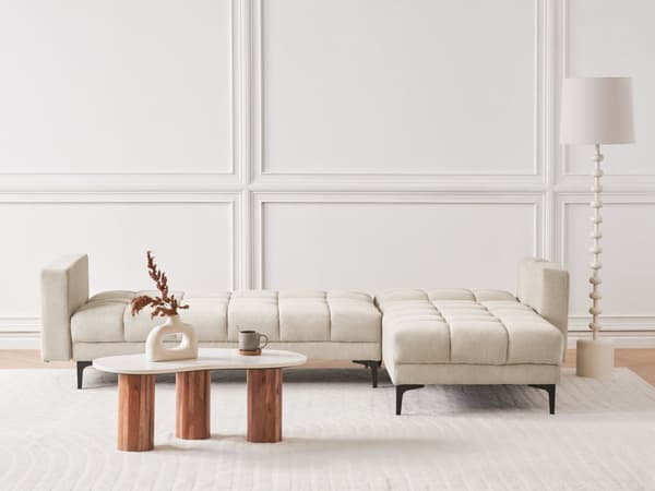 Venstre Hjørnesofa Beige Polyester Stoff Polstring Liggende Ryggstøtte 3 Posisjoner Click-Clack