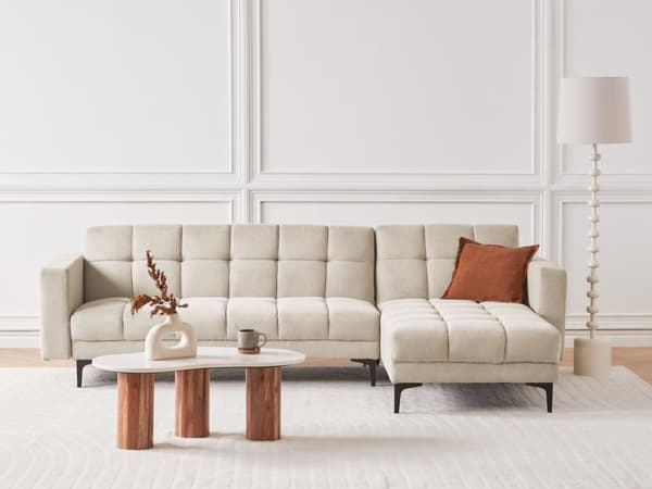 Venstre Hjørnesofa Beige Polyester Stoff Polstring Liggende Ryggstøtte 3 Posisjoner Click-Clack