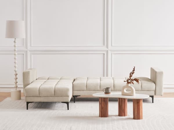 Høyre Hjørnesofa Beige Polyester Stoff Polstring Liggende Ryggstøtte 3 Posisjoner Click-Clack