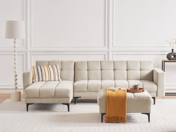 Høyre Hjørnesofa med Ottoman Beige Polyester Stofftrekk Liggende Ryggstøtte 3 Stillinger Click-Clack