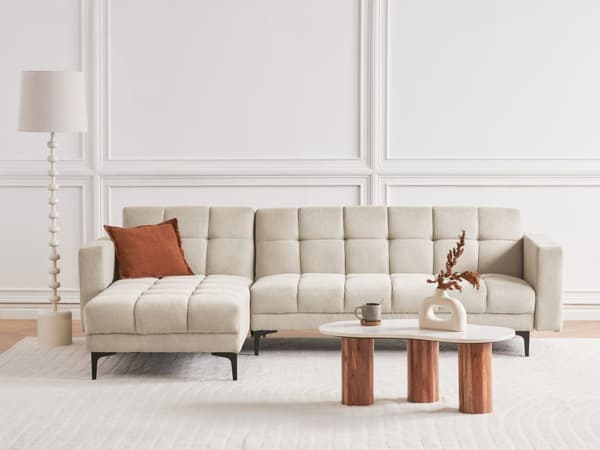Sovesofa med Chaiselong Beige Polyester 4 Personers Sofa L Formet Hjørnesofa Dyb Sofaseng Blød Stofsofa Design Hjørnesovesofa Højrevendt
