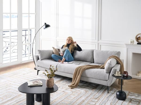 Soffa Grå Bouclé Tyg Polyester Klädsel Metallben 4 Sittplatser Kraftigt Vadderad Minimalistisk Stil Vardagsrumsmöbler
