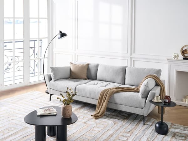 Soffa Grå Bouclé Tyg Polyester Klädsel Metallben 4 Sittplatser Kraftigt Vadderad Minimalistisk Stil Vardagsrumsmöbler