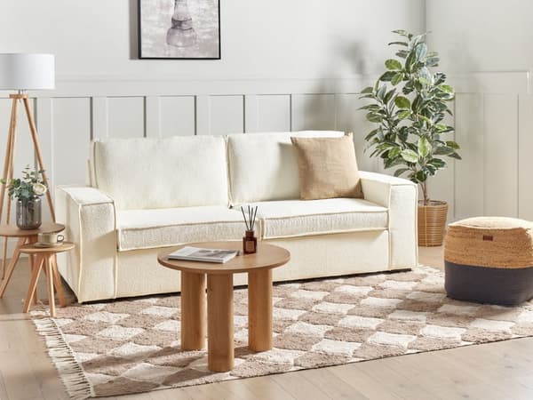 Bäddsoffa Off-White Bouclétyg 2-sits konvertibel Sovsoffa med Madrass Vardagsrum Gästrum