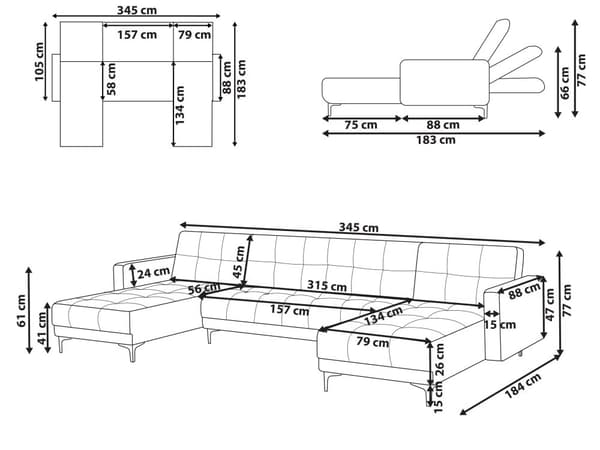 Soffa 5-sits U-formad Grön Polyester Tyg Klädsel Reclinersoffaa Liggande Ryggstöd 3 Lägen Klick-Klack