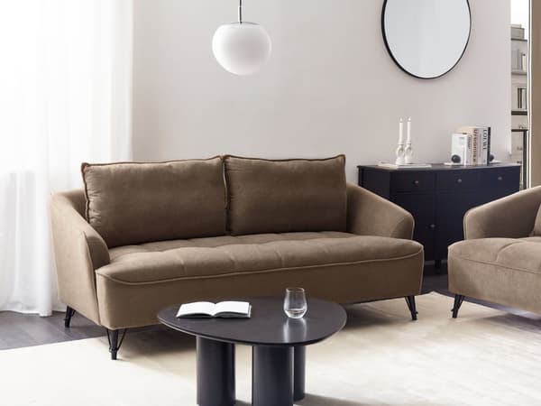 Sofa Brun Polyester 3 Personers Tyk Polstret Dyb Blød Stofsofa til Stuen Moderne Inspiration Stue Møbel Moderne