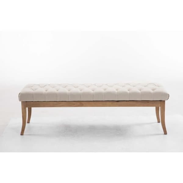 Ramses bänk i tyg med quiltad sits och ben i ljust antikt trä, Cream/150 cm