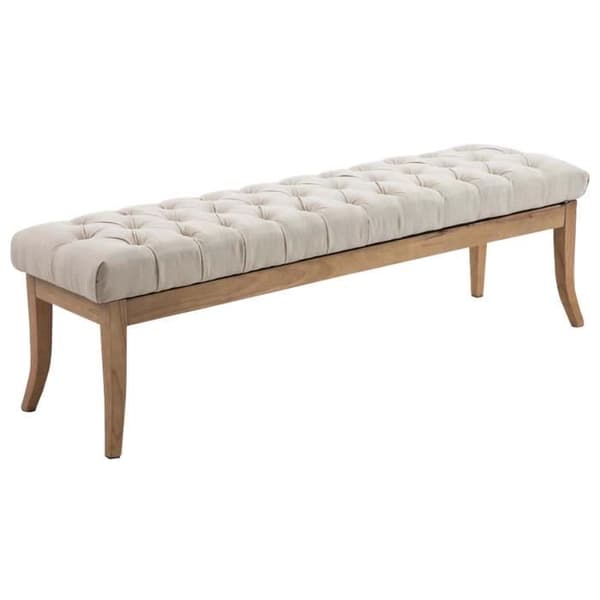 Ramses bänk i tyg med quiltad sits och ben i ljust antikt trä, Cream/150 cm