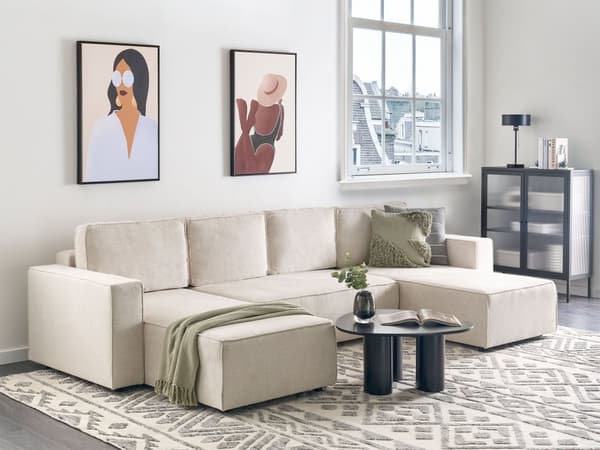 U Sovesofa Beige Polyester 4 Personers Designer Blød Uformet Sofa Moderne Sofaseng med Opbevaring til Stue Indretning Høj Kvalitet