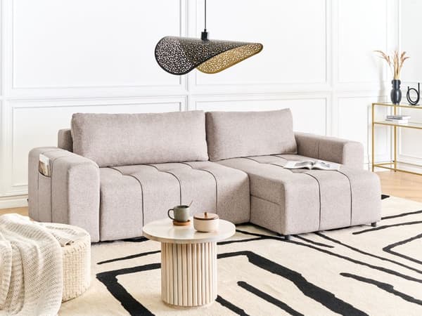 3-seters Hjørnesofa Lysebrun Stoff med Oppbevaring Tykt polstret Sovesofa Venstrevendt Stuemøbler Moderne