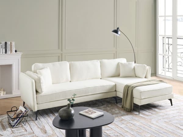 Venstre Hjørnesofa Off-White Boucle Metallben Pute Ryggstøtte Spredte Puter Moderne Design