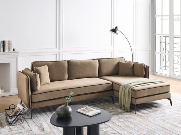 Hörnsoffa Vänster Brun Klädsel Metallben Kudde Ryggstöd Prydnadskuddar Modern Design