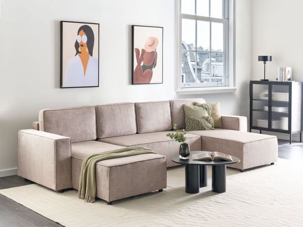 U Sovesofa Beige Polyester 4 Personers Designer Blød Uformet Sofa Moderne Sofaseng med Opbevaring til Stue Indretning Høj Kvalitet