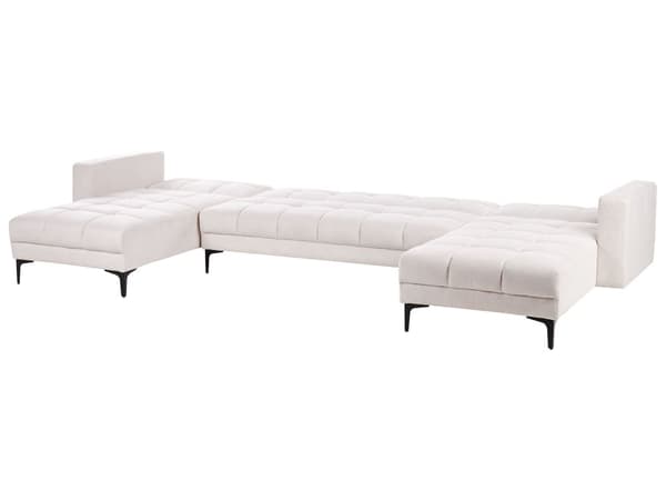 Soffa 5-sits U-formad Off-White Polyester Tyg Klädsel Lutande Ryggstöd 3 Lägen Klick-Klack