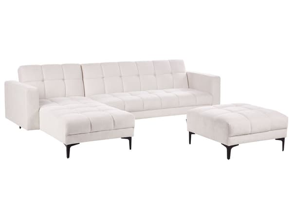 Hörnsoffa Höger med Fotpall Off-White Polyester Tyg Klädsel Lutande Ryggstöd 3 Lägen Klick-Klack