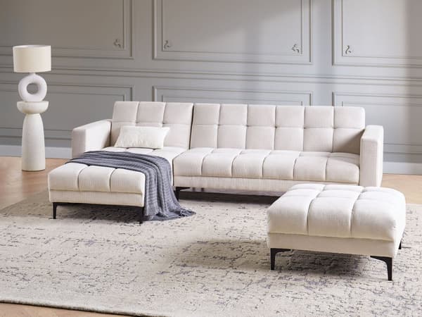 Hörnsoffa Höger med Fotpall Off-White Polyester Tyg Klädsel Lutande Ryggstöd 3 Lägen Klick-Klack