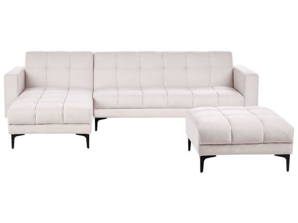 Hörnsoffa Höger med Fotpall Off-White Polyester Tyg Klädsel Lutande Ryggstöd 3 Lägen Klick-Klack