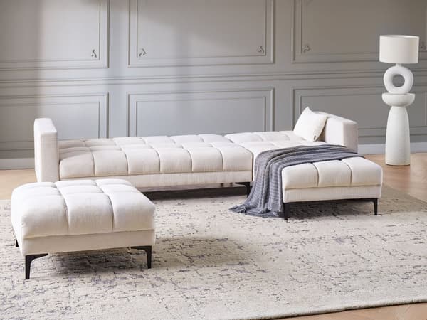 Hörnsoffa Vänster med Fotpall Off-White Polyester Tyg Klädsel Lutande Ryggstöd 3 Lägen Klick-Klack