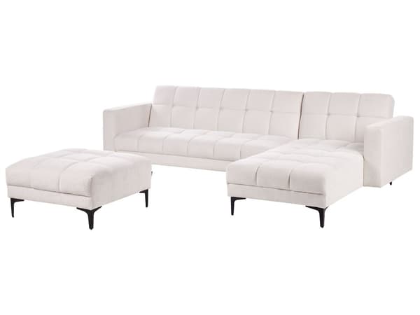 Hörnsoffa Vänster med Fotpall Off-White Polyester Tyg Klädsel Lutande Ryggstöd 3 Lägen Klick-Klack