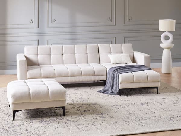 Hörnsoffa Vänster med Fotpall Off-White Polyester Tyg Klädsel Lutande Ryggstöd 3 Lägen Klick-Klack
