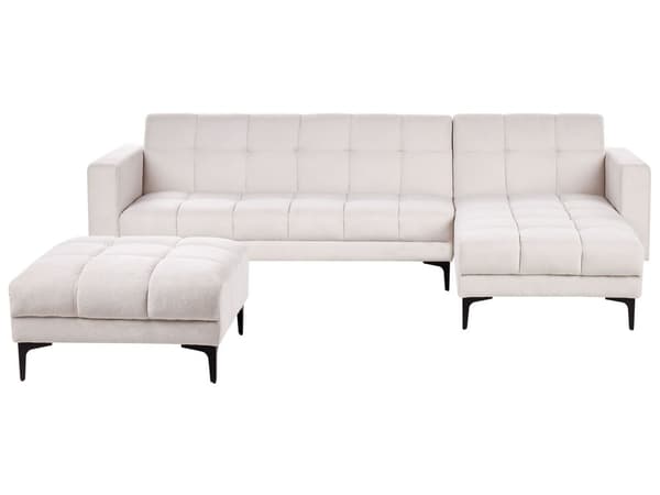 Hörnsoffa Vänster med Fotpall Off-White Polyester Tyg Klädsel Lutande Ryggstöd 3 Lägen Klick-Klack
