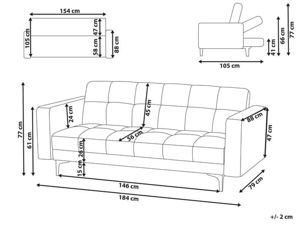 Soffa Off-White Polyestertyg 3-sits Fällbart Ryggstöd 3 Lägen Modern Stil Tuftad Vardagsrum