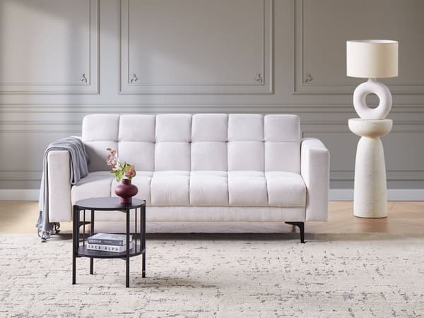Soffa Off-White Polyestertyg 3-sits Fällbart Ryggstöd 3 Lägen Modern Stil Tuftad Vardagsrum