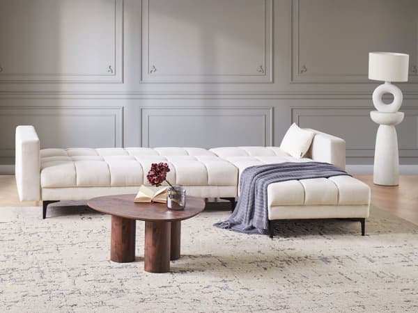 Sovesofa med Chaiselong Off White Polyester 4 Personers Sofa L Formet Hjørnesofa Sofaseng Blød Stofsofa Hjørnesovesofa Venstrevendt