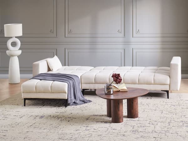Sovesofa med Chaiselong Off Whie Polyester 4 Personers Sofa L Formet Hjørnesofa Sofaseng Blød Stofsofa Design Hjørnesovesofa Højrevendt