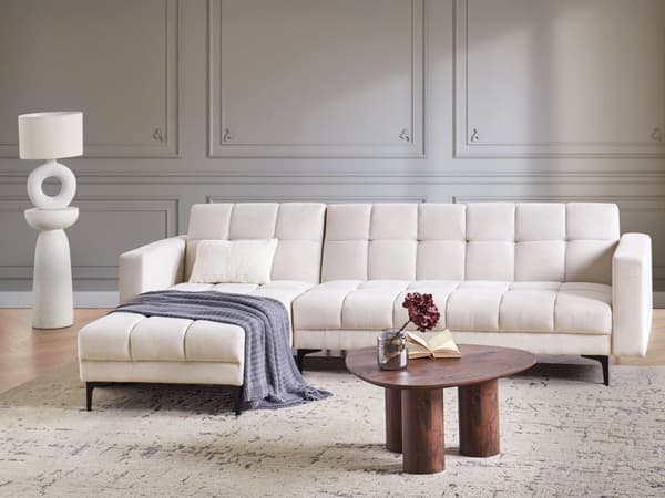 Sovesofa med Chaiselong Off Whie Polyester 4 Personers Sofa L Formet Hjørnesofa Sofaseng Blød Stofsofa Design Hjørnesovesofa Højrevendt