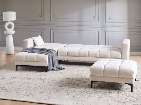 Sovesofa med Chaiselong Off White Polyester 4 Personers Sofa L Formet Hjørnesofa med Fodskammel Sofaseng Stofsofa Design Hjørnesovesofa