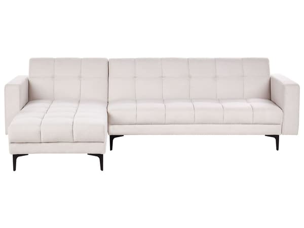 Høyrevendt Hjørnesofa Off-White Polyester Stoff Polstring Liggende Ryggstøtte 3 Posisjoner Click-Clack