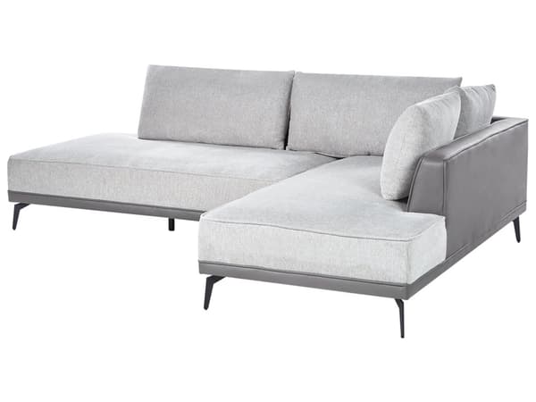 Hjørnesofa med Open End Grå Læder Polyester 3 Personers Sofa L Formet Sofa Dyb Blød Stofsofa Design Venstrevendt
