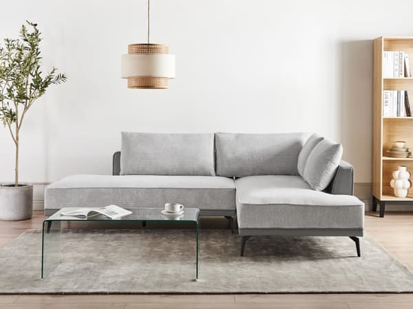 Hjørnesofa med Open End Grå Læder Polyester 3 Personers Sofa L Formet Sofa Dyb Blød Stofsofa Design Venstrevendt