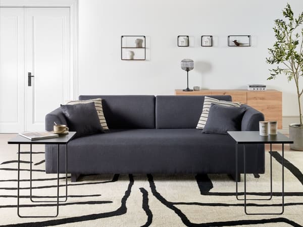 Sofa med Sidebord Svart Polyester 3-seter Avtakbare Armlener Ryggstøtte 2 Sidebord